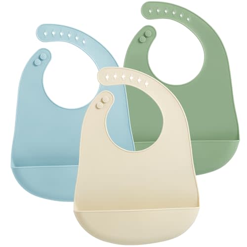 PandaEar 3 Pack Silicone Baby Bibs, Super Thin Light Weight Waterproof for Babies & Toddlers, Adjustable Soft Silicone Feeding Bibs with Food Catcher Pocket (Blue/Green/Flesh)