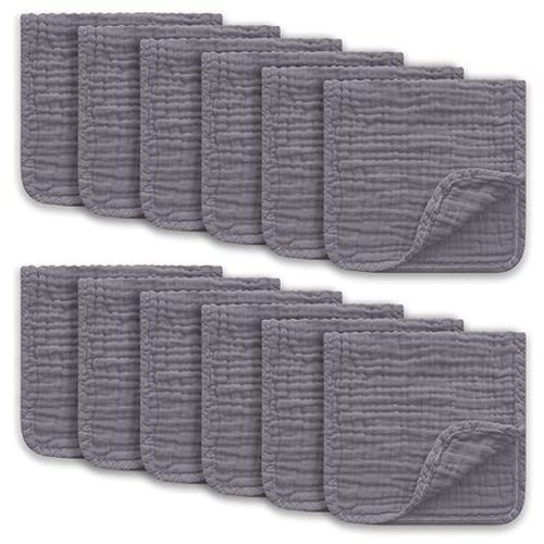 Muslin Burp Cloths Large 100% Cotton Hand Washcloths for Boys & Girls, Baby Essentials Extra Absorbent and Soft Burping Rags for Newborn Registry (Grey, 12-Pack, 20" X10")