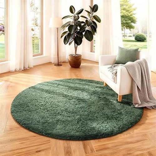 Ophanie Round Rug 5Ft Grey Green Circle Area Rug, Grayish Green Room Decor, Fluffy Fuzzy Bedroom Carpet, Plush Soft Shaggy Living Room Rugs for Kids Home Aesthetic, Nursery