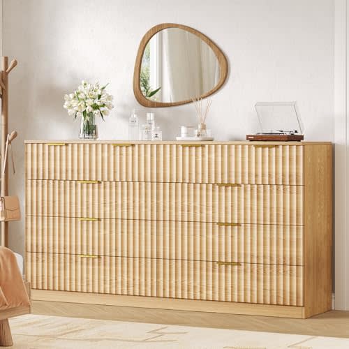 55.1" Wide Fluted 10 Drawer Dresser for Bedroom, Natural | Modern Dresser for Closet with Metal Handle, Wooden Chest of Drawers for Bedroom, Living Room, Hallway