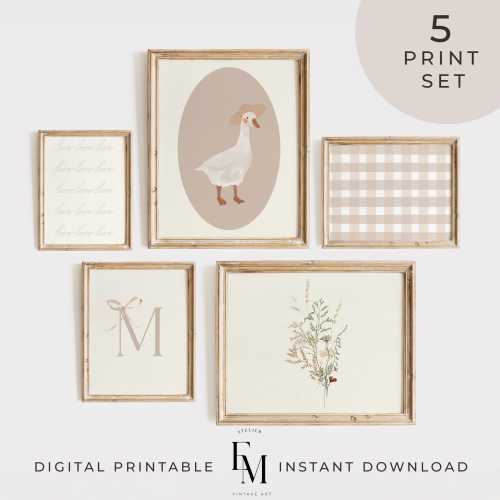 Pink Silly Goose Set of 5 Print Girls Room Decor Initial Print Monogram Bow Poster Vintage Aesthetic Duck Art Nursery Decor Floral Baby Gift