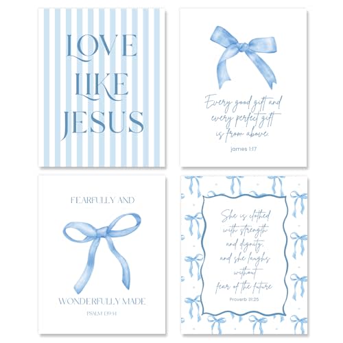 Shescrzionu 4 PCS Coquette Room Decor and Light Blue Bow Decor Room Decor For Teen Girls, Blue Bible Verses Wall Decor, Dorm bow decor for college girls Preppy Posters for 10x8 Inch Set of Bow Pictures for Bedroom - A23
