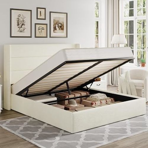 Allewie Queen Size Chenille Lift Up Hydraulic Storage Bed Frame Cream White