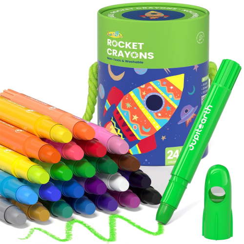 Jupitearth 24 Ct Twist Crayons,Non-Toxic Washable Crayons with Storage Bucket, Ultra-Silky and Easy to Hold Art Supplies
