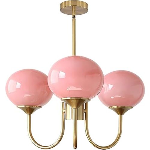BOKT Modern Pink Sputnik Chandelier Brushed Gold Globe Sputnik Light Fixture 3 Light Mid Century Glass Pendant Lights Height Adjustable Vintage Large Ball Chandeliers Light