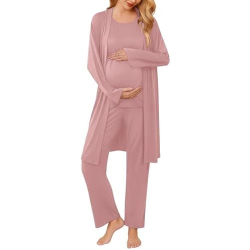 Ekouaer Maternity Pajamas Nursing Robe Set 3 Pieces Post Partum Lounge Sets