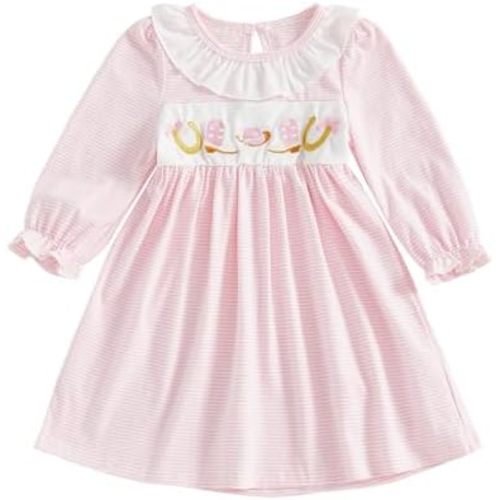 Toddler Western Outfit Girl Cowgirl Boots Embroidery Pink Striped Smocked Dress Vintage Fall Clothes 1-5Y