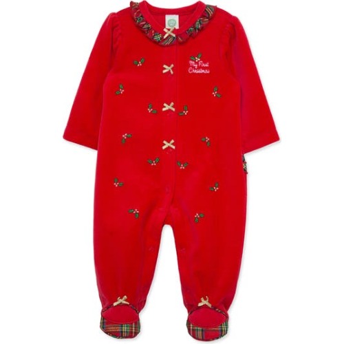 Holly Embroidered Plaid Trim Cotton Blend Velour Footie, 9M