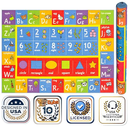 KC Cubs 5x7 ABC Alphabet, Numbers & Shapes Rug – Educational Non-Slip Play Mat Carpet for Kids, Toddlers, Nursery, Classroom, Playroom, Baby Daycare
