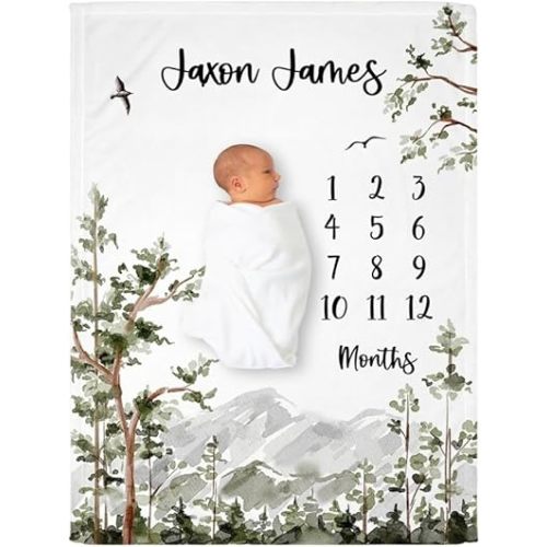 Personalized Woodland Milestone Blanket, Mountains, Personalized Newborn Monthly Growth Tracker, Custom Baby Throw