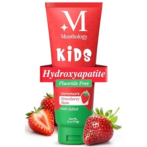 Mouthology Hydroxyapatite Kids Toothpaste Fluoride Free with Xylitol, Non Toxic Fluoride Free Toothpaste for Kids, All Ages (1-3), (3-6) & (6-12) Strawberry, 4oz