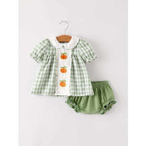 Fall Halloween & Thanksgiving Applique Plaid Girls Bloomers Romper Set – Rylee Faith Designs