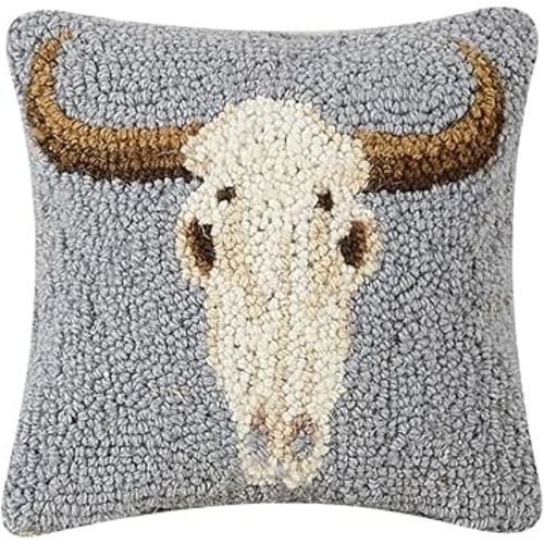Peking Handicraft 30TG530C08SQ Blown Filled Hook Pillow, 8-inch Square, Wool and Cotton (Cow Skull)