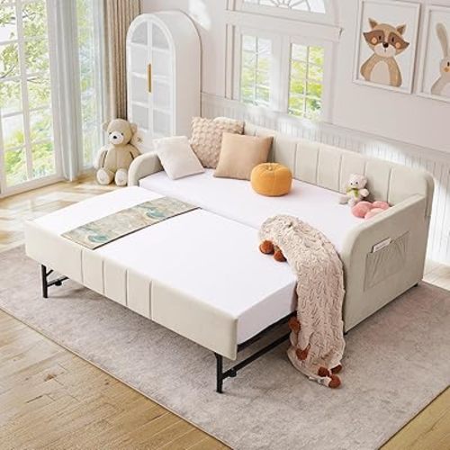 Twin Daybed with Pop Up Trundle, Velvet Tufted Upholstered Twin to King Size Daybed Frame with Wooden Slats & USB Charging, Modern Sleeper Sofa Bed for Guest Room Bedroom, No Box Spring Needed, Beige