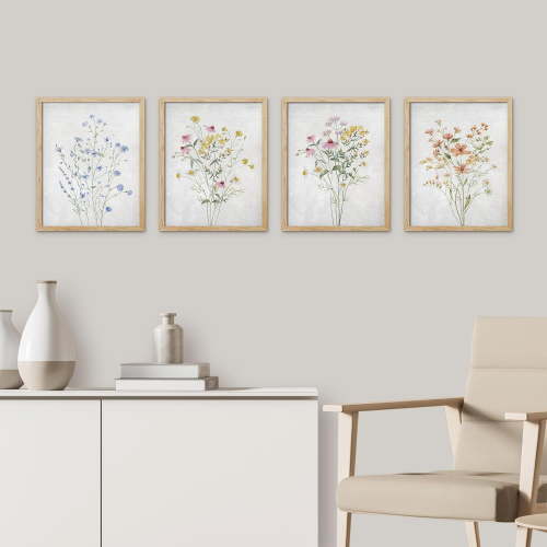 PixonSign Framed Colorful Wildflower Still Life Wall Art, Set of 4 Floral Botanical Print Wall Decor Prints, Nature Wilderness Wall Décor, Country Farmhouse Rustic Artwork - 8"x10" Natural