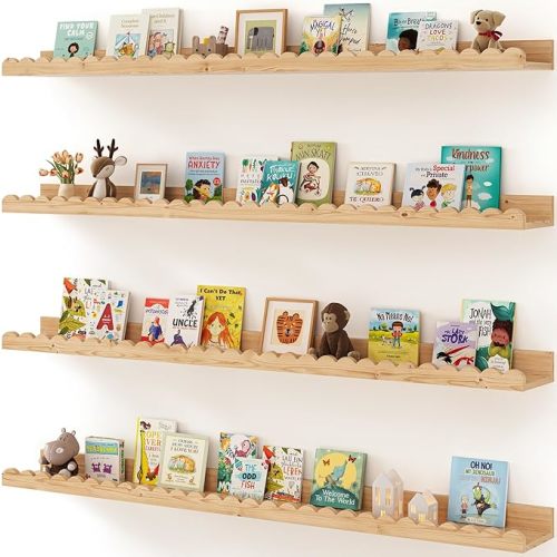 Shario Nursery Book Shelves, 4-Pack Wood Floating Shelves for Wall Kids, Scalloped Shelves, Wall Book Shelves for Bedroom Kids, Toddler Room, Baby Room, Nursery Decor(Wood, 16.5 Inches)