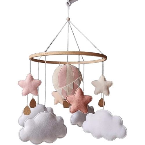 Hot Air Balloon Baby Mobile – Pink & Cream Cloud Crib Mobile for Baby Girl – Handmade Felt Nursery Decor – Soft Pastel Stars – Baby Shower Gift