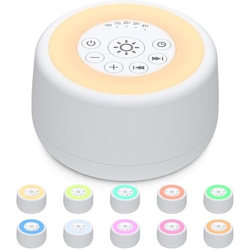 Sleepbox Sound White Noise Machine with 25 Soothing Sounds and 10 Colors Warm Night Light 4 Brightness Levels 32 Volume Levels 5 Timer and Memory Function for Baby Kids Adults Seniors Sleeping White