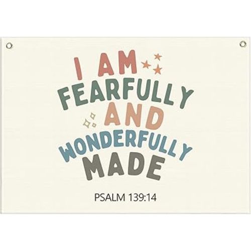 Rectangular Christian Bible Verse Scripture Canvas Banner Wall Decor Flag Sign for Baby Girl Kids,Nursery Bedroom Playroom Nursery Wall Decor,Baby Shower Baptism Christmas Gift-I Am Fearfully
