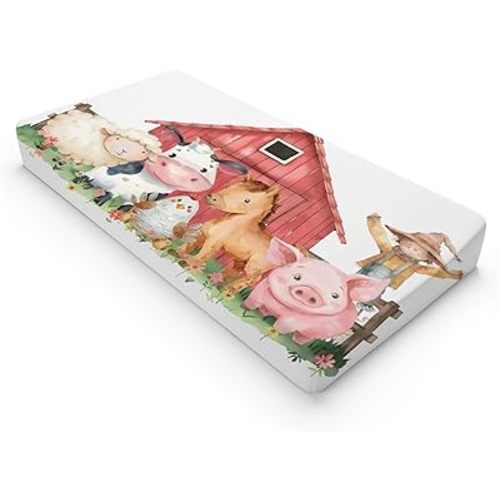 Watercolor Farm Animals Cow Chicken Horse Sheep Flowers Floral Baby Changing Pad Cover, Unisex Farm Life Theme Nursery Diaper Changing Table Pad Mat Sheet for Boys Girls-16x32