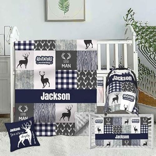 Personalized Woodland Deer Baby Bedding Set – Custom Name 2 Piece Set with Minky Dot Blanket & Fitted Crib Sheet – Soft Nursery Bedding for Newborns, Infants, Toddlers, Baby Boys