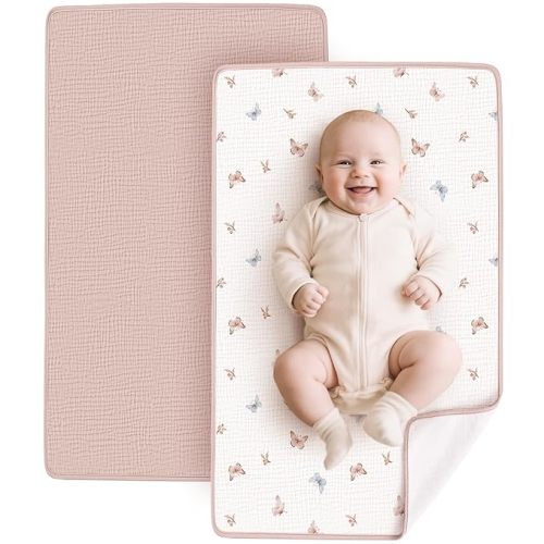 Konssy 2 Pack Waterproof Muslin Cotton Portable Changing Pad 30"x 17", Soft & Foldable Baby Changing Mat Travel Pad with Terry Backing, Shower Gift for Newborn Girls Boys (Toffee,Flourish)