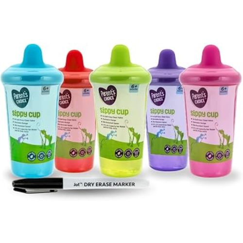 5-Pack Colorful Sippy Cups with Dry Erase Marker & Bonus Sticker – Spill-Proof, BPA-Free, Daycare & Travel Friendly
