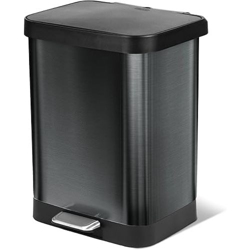 Glad 13-Gallon Stainless Steel Step Trash Can with Clorox Odor Protection, Soft Close Lid, Foot Pedal & Waste Bag Holder – Large Indoor Metal Garbage Bin for Kitchen, Home & Office Use