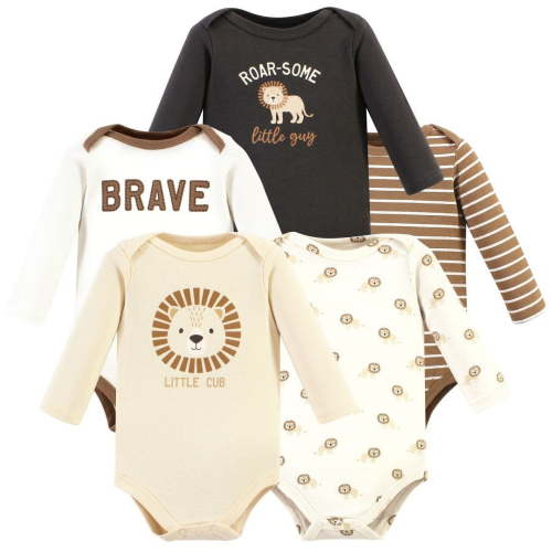 Hudson Baby Infant Boy Cotton Long-Sleeve Bodysuits, Brave Lion 5 Pack, 0-3 Months