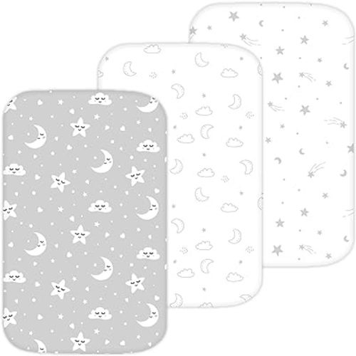 Bassinet Sheets for Maxi-COSI Iora, Papablic 2 in 1 Bonni, Cowiewie Bassinet Bedside Sleeper, 3 Pack, 33x20 Inch, Ultra Soft, Breathable Snug Fit, Unisex Boys Girls, Gray White (Moon, Stars, Clouds)