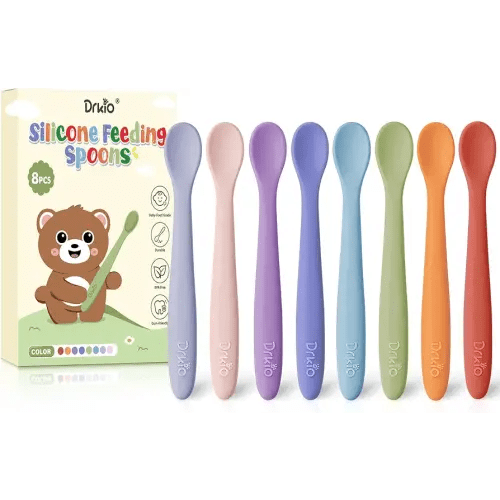 DRKIO 8-Piece Silicone Baby Spoons - Infant Spoons First Stage Self Feeding Baby Led Weaning Supplies Toddler Training Utensils Soft Chewable-Tip Bendable BPA-Free Dishwasher Safe Boil-proof
