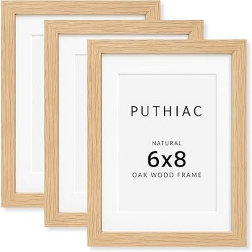 6x8 Oak Wood Picture Frame - Minimalist 6x8 Picture Frame, 6"x8" Frame Wood, Natural Solid Wooden Picture Frames for Wall Art Photo and Prints(3 Pack, Beige)