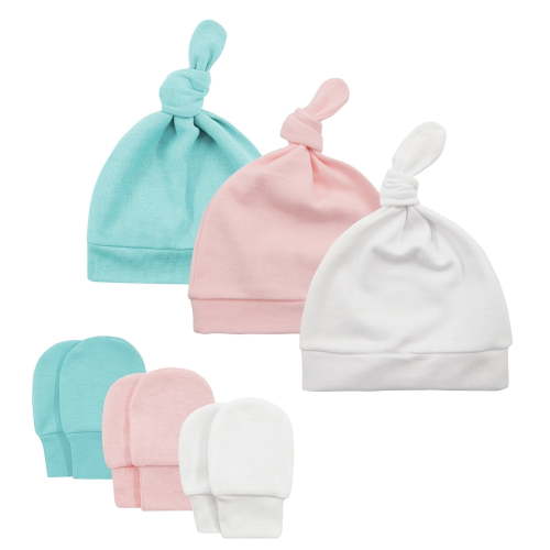 Zando Knot Warm Toddler Beanie Hats No Scratch Baby Mittens Newborn Hats and Baby Mittens Soft Infant Hat and Mitten for Newborn Boy 3 Pack 0-6 Months