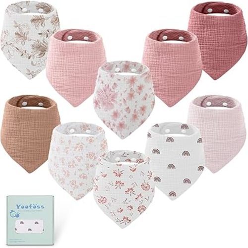 Yoofoss Muslin Baby Bibs 10 Pack Bandana Bibs 100% Cotton 6-Layer Soft Absorbent Drool Bibs for Boys and Girls, Pink Flower