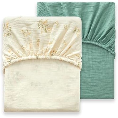 Heavyweight Muslin Baby Crib Sheets - 2PCS 52"x28" Neutral Fitted Crib Sheets for Boys Girls, Breathable Soft 100% Organic Cotton Standard Baby Mattress Sheet (Sage Green, Leaf)
