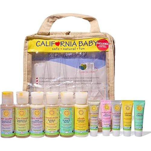 California Baby Travel Essential Kit | Travel Shampoo and Conditioner, Cream, Bubble Bath and More | 100% Plant-Based Baby Bath Set | Hypoallergenic |