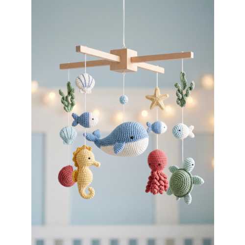 Handmade Ocean Theme Baby Mobile, Crochet Sea Animals Nursery Decor Baby Mobile, Custom Nursery Decor, Sea Animals Nursery Mobile