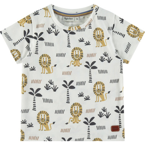 Lions Print Round Neck Short Sleeve T-Shirt, Milk & Multicolors - Babyface Tops | Maisonette