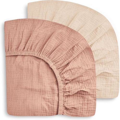SWEET DOLPHIN 2-Pack Muslin Crib Sheets for Boys & Girls, Ultra Soft Breathable 40S Long-Staple Cotton Fitted Baby Sheets for Standard Crib Mattress 52"x28", Light Bean Paste- Nursery Essentials