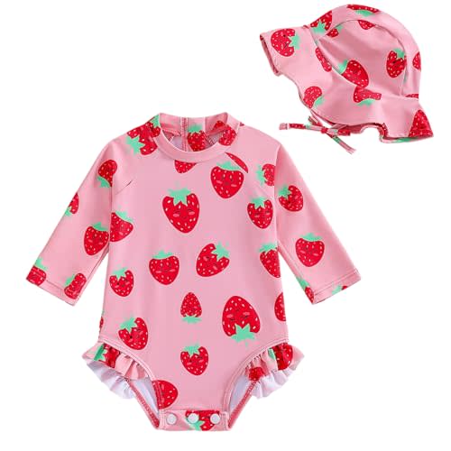WOLBAY Baby Girl Swimsuit Long Sleeve One Piece Rash Guard with Sun Hat Zipper Bathing Suit Size 0-2T