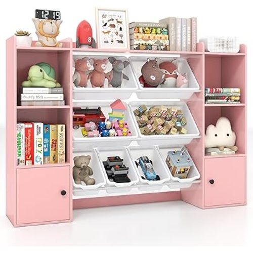 Costzon Kids Toy Storage Organizer w/ 8 Bins, Wooden Toddler Bookcase w/Open Shelves & Cabinet, Multifunctional Toy Storage Cabinet for Kids Room, Nursery & Playroom