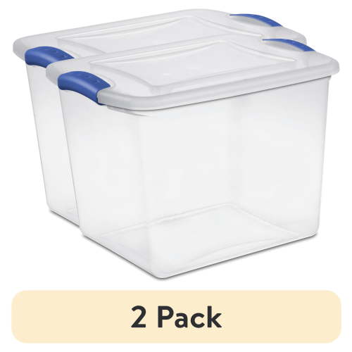 (2 pack) Sterilite Small Latching Storage Bin, 27 Quart Clear Plastic Storage Container with Clear Lid, Blue Latch