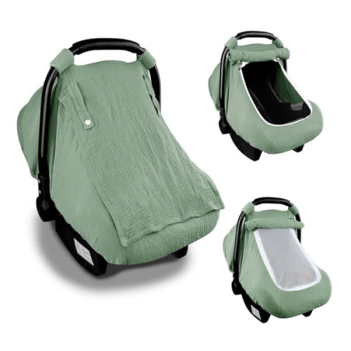 Hooyax Muslin Car Seat Covers for Babies, Summer Baby Car Seat Cover for Boys Girls with Breathable Window, Lightweight Infant Car Seat Canopy, Green