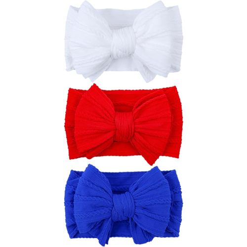 LemonSpace Handmade Headband for 4th of July Blue Baby Bow Newborn Accessories Infant Girls Hair Bows Red White and Blue Stretchy Soft Nylon Baby girl Bows Newborn Toddlers Headwrap