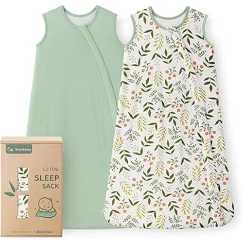 Yoofoss Rayon Made from Bamboo Baby Sleep Sack 6-12 Months TOG 0.5 Baby Wearable Blanket, Super Soft Infant Toddler Sleeping Sack 2-Way Zipper, Green&Flower