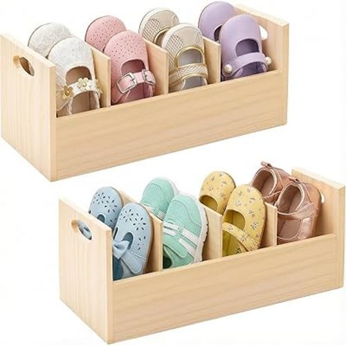 2 Pcs Wooden Baby Shoe Rack with Side Baffle for Closet Organizers and Storage, 4 Sections Toddler Baby Shoe Storage Organizer for Infants Under 1 Year Old, Saving Space Rack, Stackable Shelf