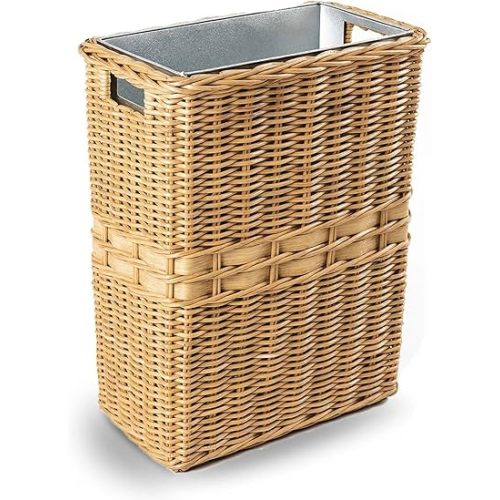 The Basket Lady Large Rectangular Wicker Waste Basket with Metal Liner, 14.5 in L x 9 in W x 18 in H, Sandstone