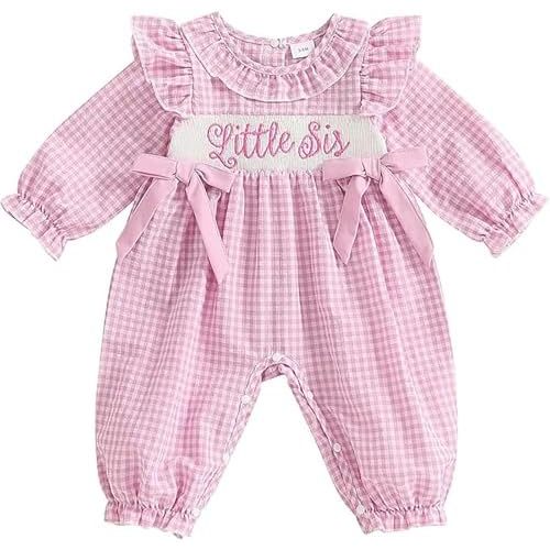 Smocked Baby Girl Clothes Newborn Crew Neck Long Sleeve Plaid Romper Bubble One Piece Jumpsuit Infant Fall Clothes