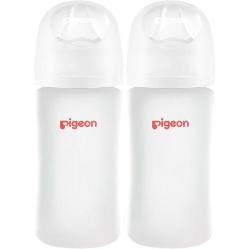 Pigeon Silicone Coating (Glass Inside/Silicone Outside) Baby Bottle, Wide Neck, Streamlined Body, Natural Feel, Easy to Clean, Heat-Resistant, 8 Oz (Pack of 2), Includes 2 pcs M Nipples (3m+)