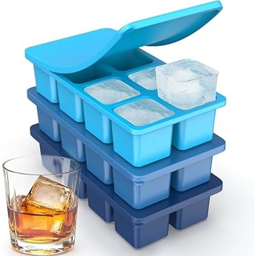 Large Silicone Ice Cube Trays with Lids, ZDPMK 3 Pack Large Ice Cube Molds for Whiskey, Easy-Release 2 Inch Square Big Ice Cube Molds for Freezer, Cocktails, Iced Coffee, Baby Food, Dishwasher-Safe